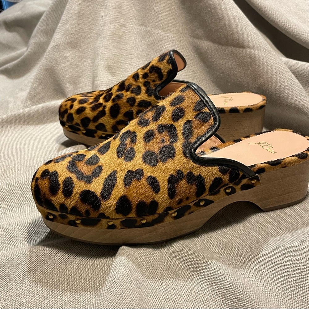 J Crew Clogs Mules Womens Leopard Animal Print Calf Hair Sz 7.5